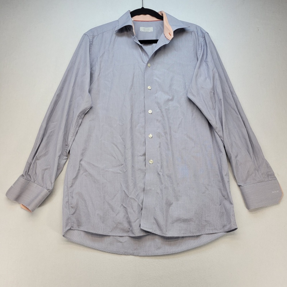 Eton Dress Shirt Mens 15.5 Blue Micro Check Non Iron Contrast Trim Long Sleeve